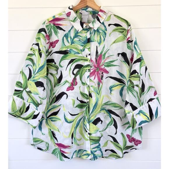 Chico's Tops - Chicos Linen Tropical Floral Button Up Blouse No Iron Size 16 (3) White Green